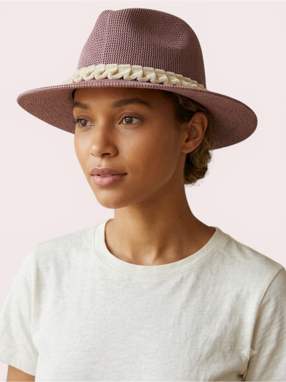 Anthropologie Raffia Straw Hat Lavender Cream Fabric Trim Excellent condition